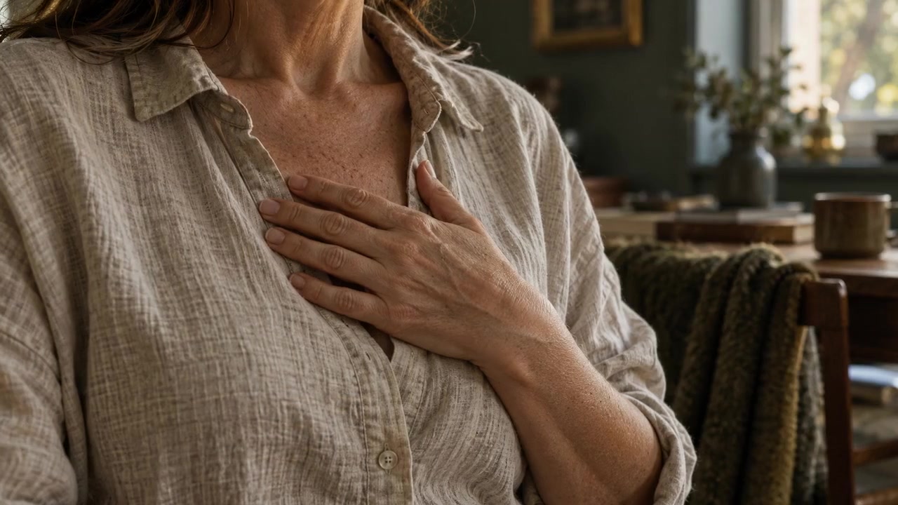 A hand resting lightly on the chest in a quiet, sunlit room.