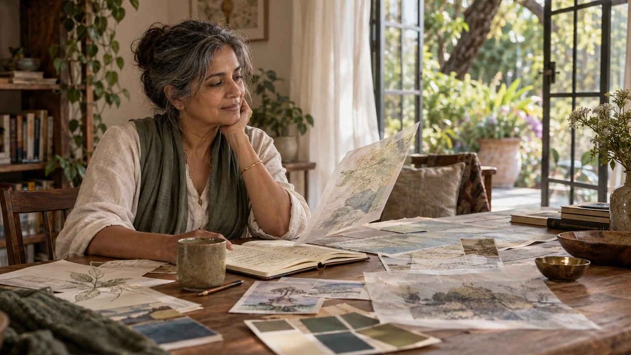 A woman considers maps and an open notebook at a table beside the garden.
