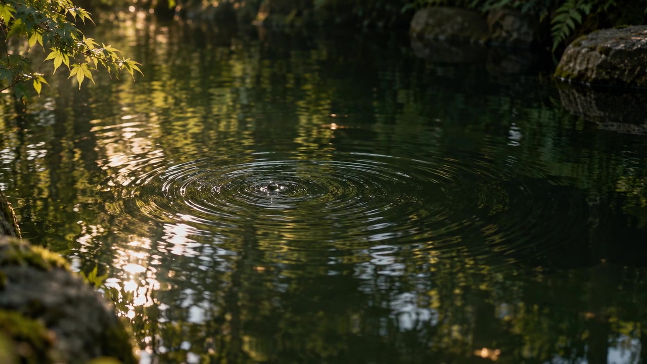 Gentle ripples spread across still water beneath sunlit leaves.