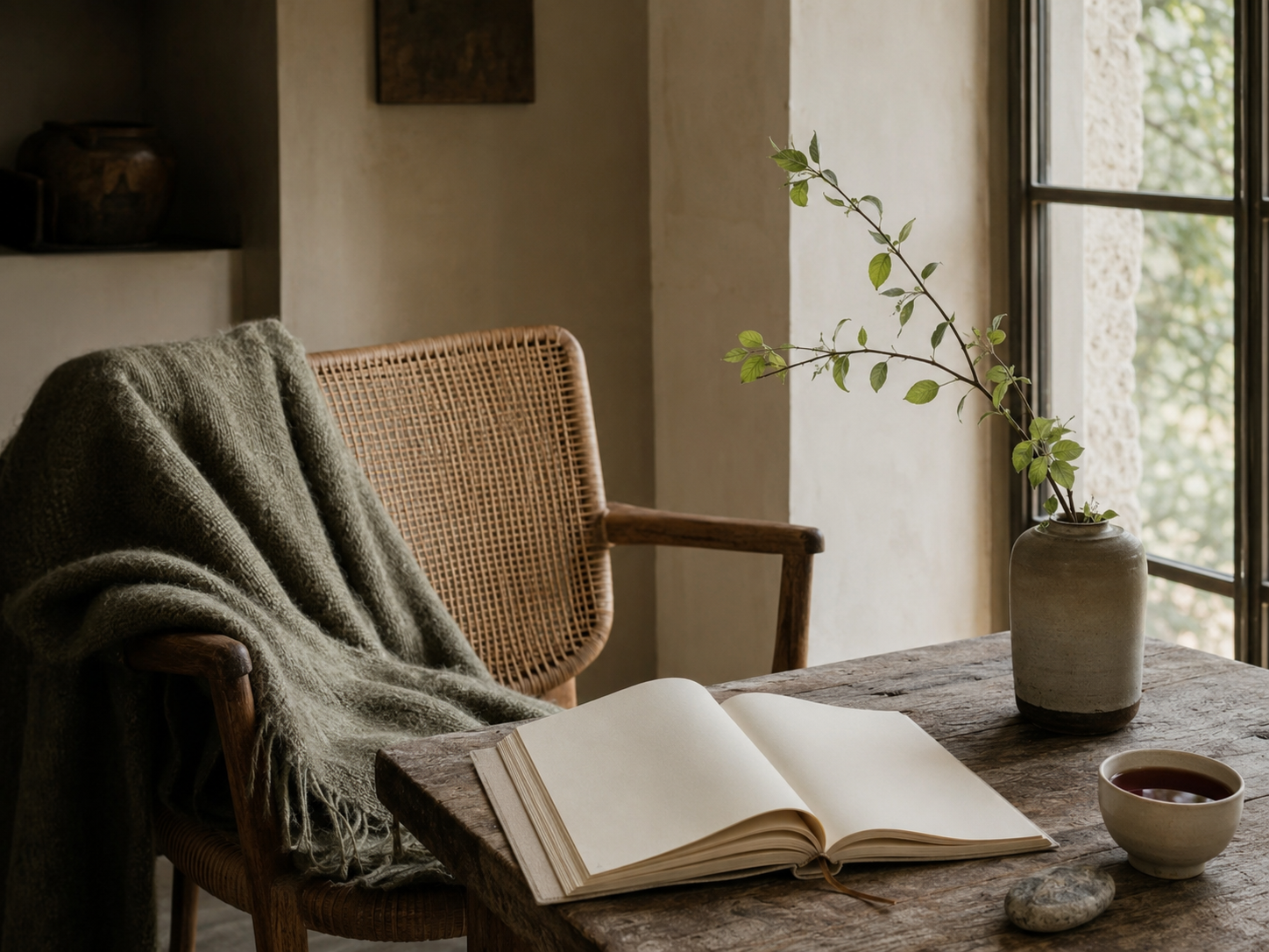 An open journal and tea in a quiet reading corner